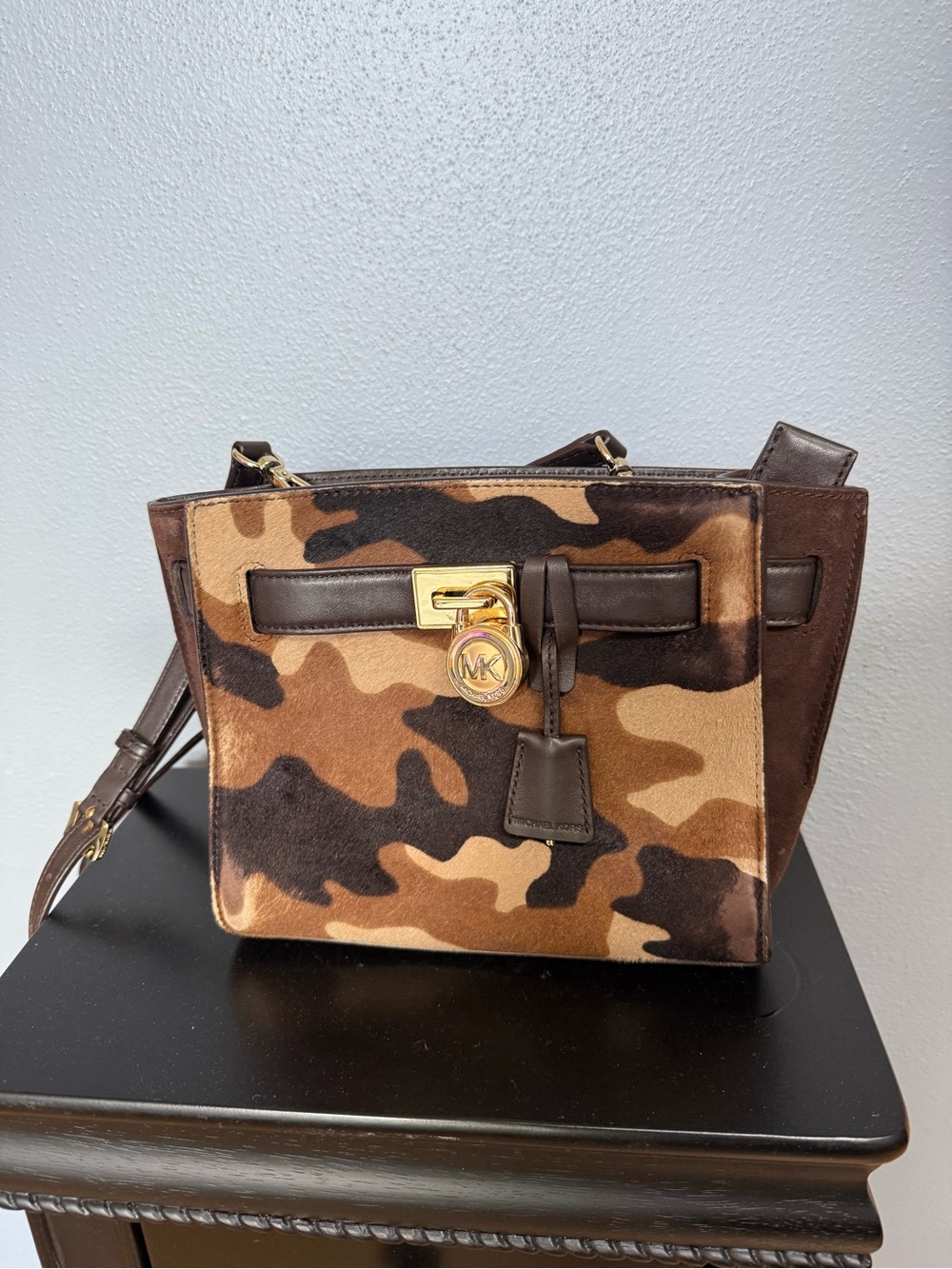 Michael Kors Brown Camouflage Convertible Shoulder Bag with Gold Hardware